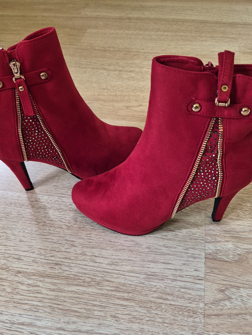 Dream Pairs Red Suede Ankle Booties with Gold Zip Accents
